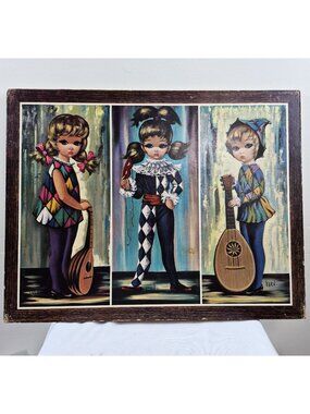 Vintage Big Eyed Harlequin Clown Children Wall Plaque Print 18x14 MCM Retro Eden